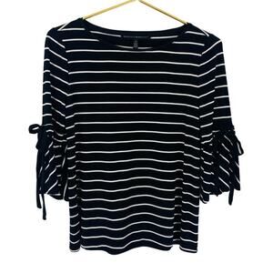 White House Black Market Striped Tie Sleeve Tee Black with Ecru NEW